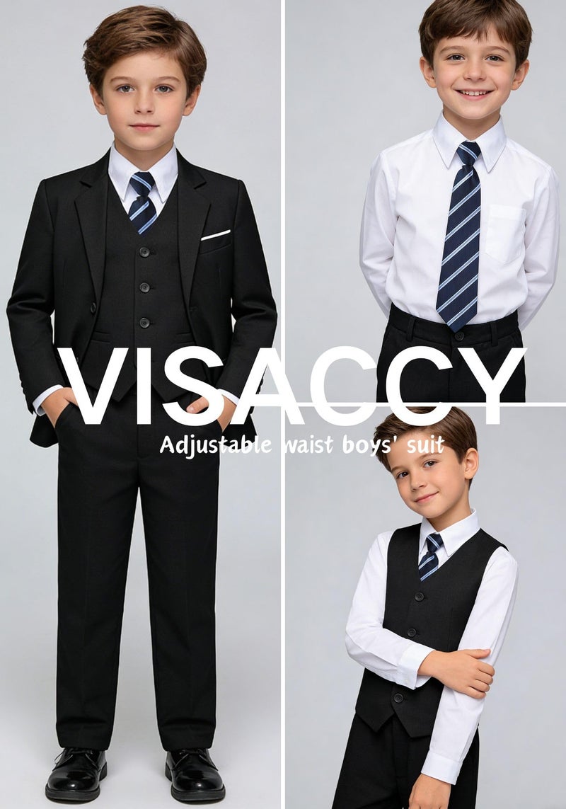Visaccy Suit for Boys Kids Suits Slim Fit Tuxedo Blazer Vest Pants Shirt and Tie Black Size 14 - Image 4